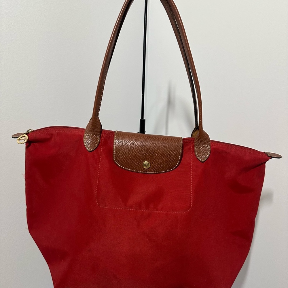 Longchamp Red Tote with Brown Handles